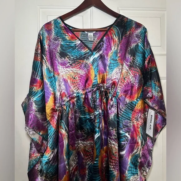 Winlar Multicolored Jewel Print Satin Caftan One Size‎ Made in India NWT. - Picture 2 of 6